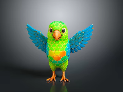 Vibrant Green Parrot With Orange Belly And Blue Wings Standing On Black Background 3d model