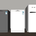 Three Different Colored Refrigerators Silver White Including SMEG Brand With Label Stickers On Wooden Floor