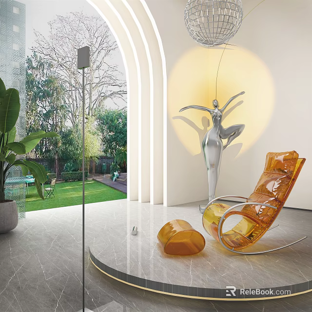 Yellow Transparent Single Chair in Modern Interior With Glass Partition And Outdoor Greenery Courtyard 3d model 