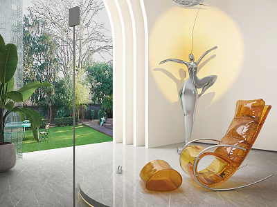 Yellow Transparent Single Chair in Modern Interior With Glass Partition And Outdoor Greenery Courtyard 3d model