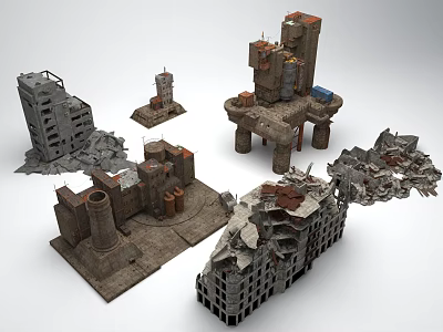 Ruined Building Scene Components With Damaged Towers Broken Walls And Platforms 3d model
