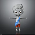 3D Cartoon Boy Character With Red Shorts White Hair Red Eyes And Blue Plaid Cloth