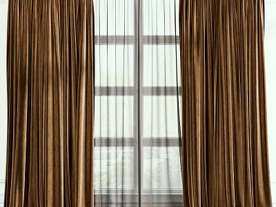 Brown Velvet Curtains With Sheer Voile For Window Natural Light Interior 3d model