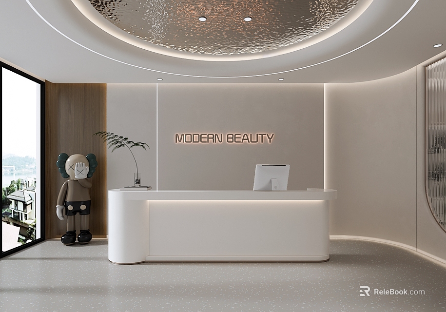 Modern Beauty Reception Desk with White Counter Decorative Sculpture Potted Plant and Lighting Design 3d model 