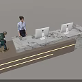 Modern Reception Desk Featuring Marble Countertop Computer Monitors Receptionist and Decorative Items 3d model