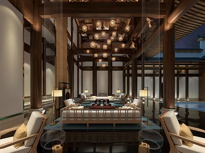 Chinese Style Clubhouse Lobby with Wooden Structure Chandeliers Sofas and Water Feature 3d model