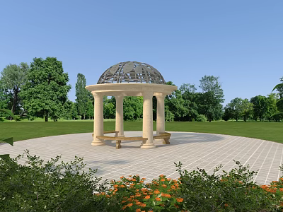 Outdoor Gazebo with Dome Roof in Garden Featuring Lawn Trees Brick Pavement and Flowers 3d model