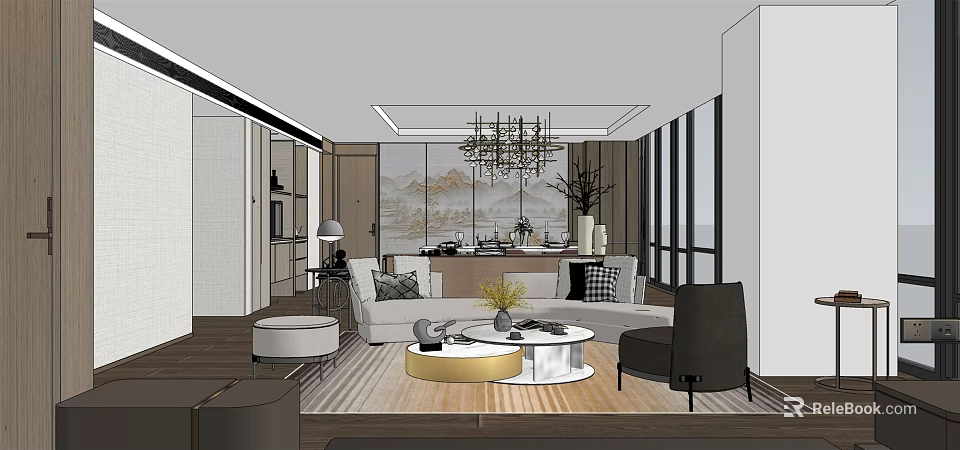 Modern Living Dining Room Interior With Chandelier Sofa Dining Table And Large Windows 3d model