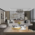 Modern Living Dining Room Interior With Chandelier Sofa Dining Table And Large Windows 3d model