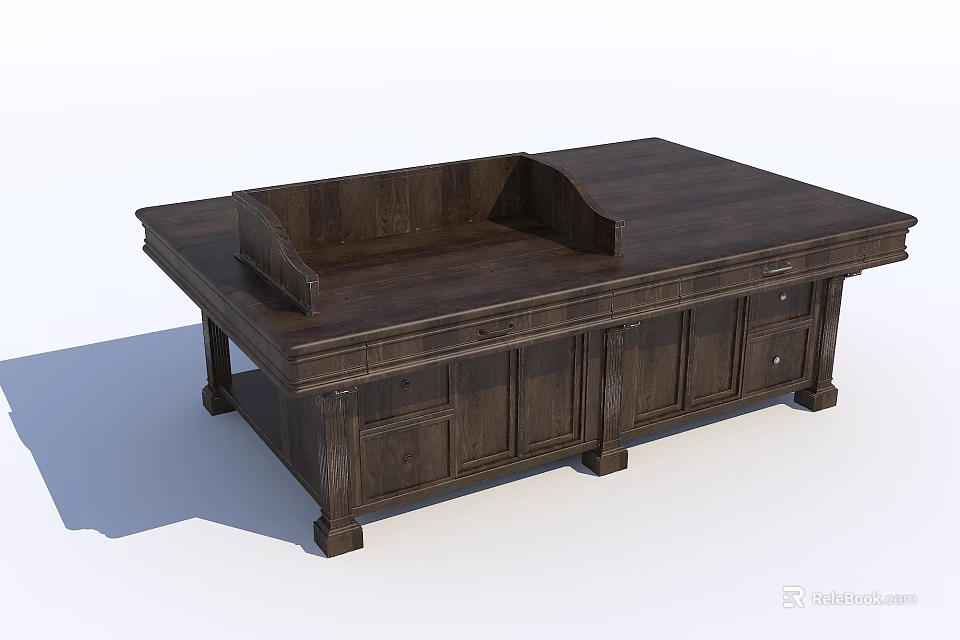 Sturdy Dark Brown Solid Wood Tea Table And Chairs With Drawers And Cabinets 3d model
