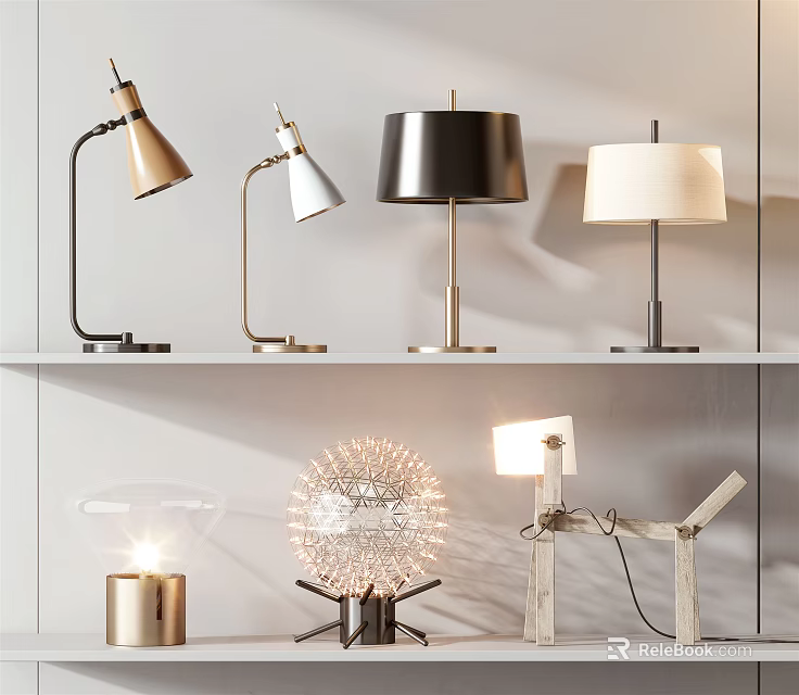 Various Modern Table Lamps With Different Styles Metal Bases And Fabric Shades Displayed On Shelves 3d model 