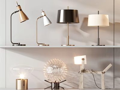 Various Modern Table Lamps With Different Styles Metal Bases And Fabric Shades Displayed On Shelves 3d model