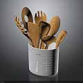 Wooden Kitchen Utensils Set In White Striped Container With Spoons Forks And Spatulas