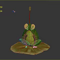Frog Figurine Sitting On Yellow Lotus Leaf With Yellow Eyes And Stem Flower