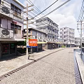 Scenic Commercial Street with Traditional Buildings Paved Road Sidewalks and Green Plants