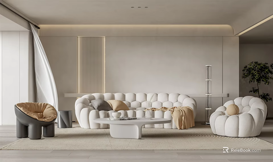 Modern Minimalist Living Room Interior With Tufted Sofa Round Coffee Table And Accent Chair 3d model 