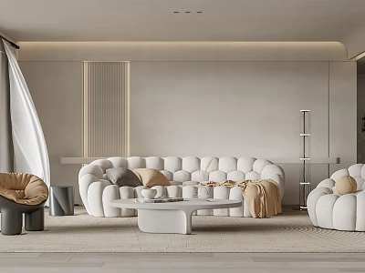 Modern Minimalist Living Room Interior With Tufted Sofa Round Coffee Table And Accent Chair 3d model