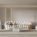 Modern Minimalist Living Room Interior With Tufted Sofa Round Coffee Table And Accent Chair