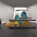 Art Installation Featuring Rock Formation White Curved Structures Red Gray Elongated Elements In Gallery