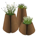 Brown Striped Tapered Vases With Green Plants White Flowers And Purple Blooms