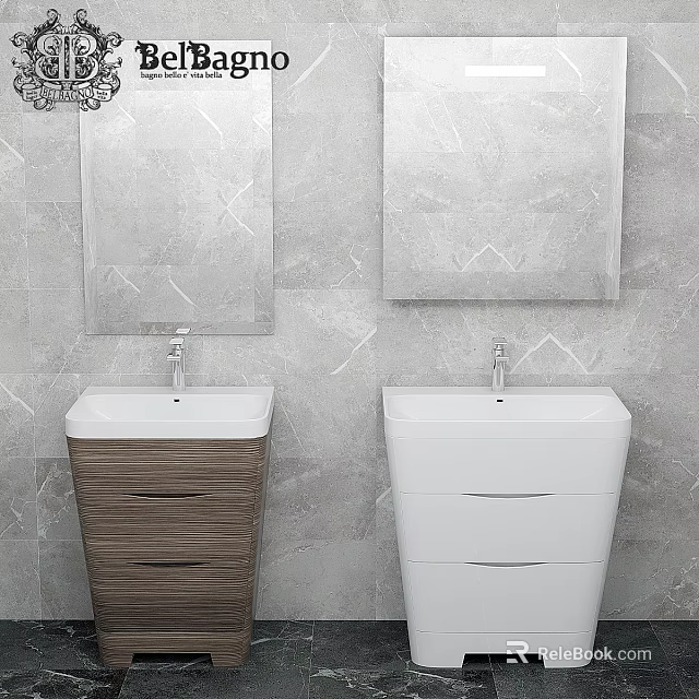 Modern Bathroom Double Washbasins With Wooden White Vanities And Marble Wall Mirrors 3d model 