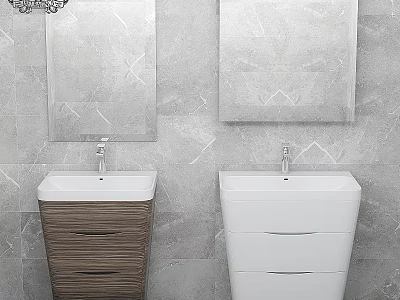 Modern Bathroom Double Washbasins With Wooden White Vanities And Marble Wall Mirrors 3d model