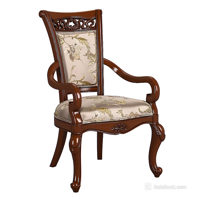 Classic Wooden Armchair With Carved Design And Patterned Fabric Upholstery 3d model 