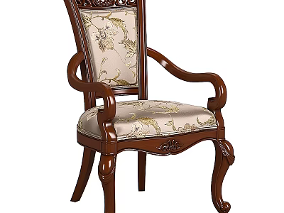 Classic Wooden Armchair With Carved Design And Patterned Fabric Upholstery 3d model