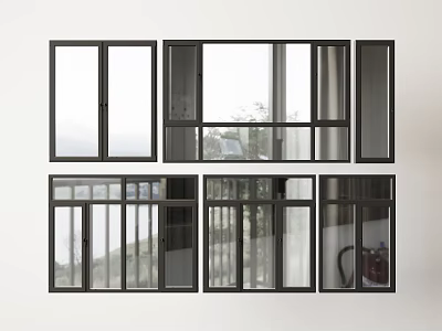 Various Styles of Modern Casement Windows With Black Frames and Glass Panels 3d model