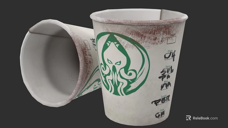 Stylish Paper Cup For Daily Use With Green Abstract Design And Black Symbols 3d model 
