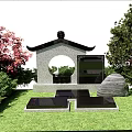 Traditional Courtyard Entrance With Decorative Gate Stone Pillars Pathway And Greenery