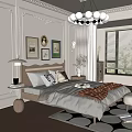 Elegant Bedroom Interior With Wooden Flooring Chandelier Decorative Paintings And Geometric Rug