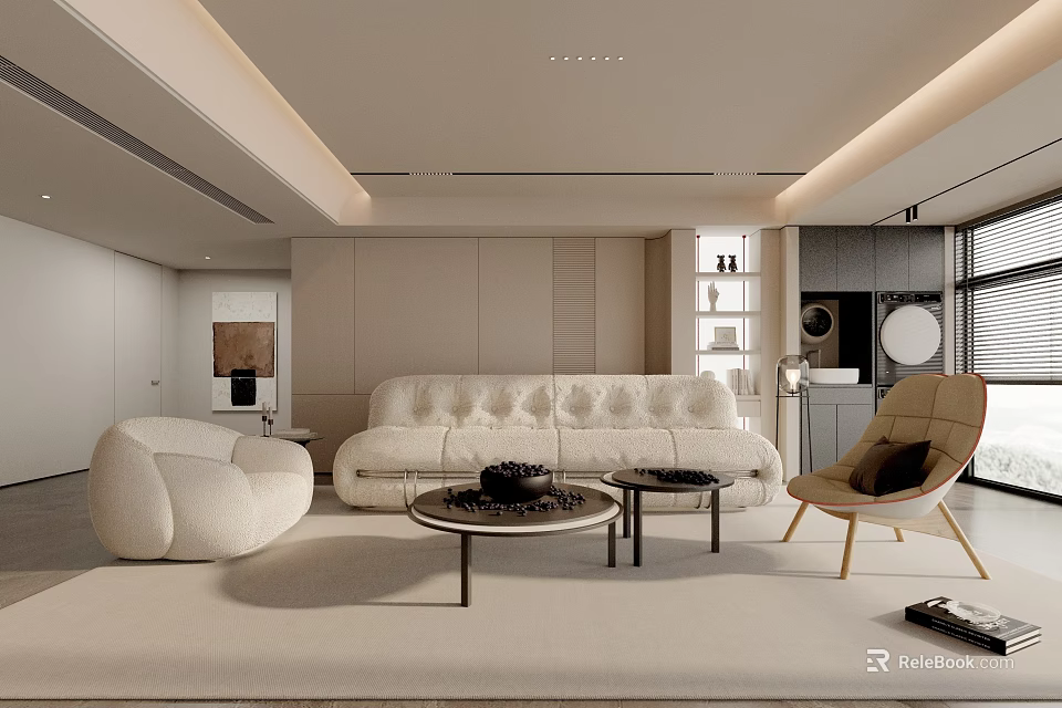 Elegant Modern Living Room Interior With Beige Sofa Round Coffee Table And Wooden Armchair 3d model 