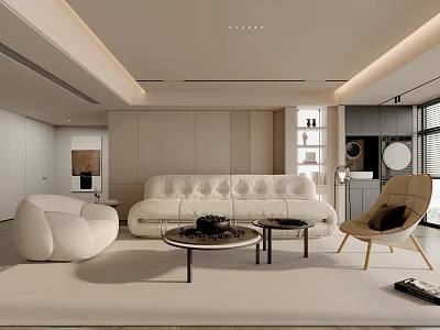 Elegant Modern Living Room Interior With Beige Sofa Round Coffee Table And Wooden Armchair 3d model