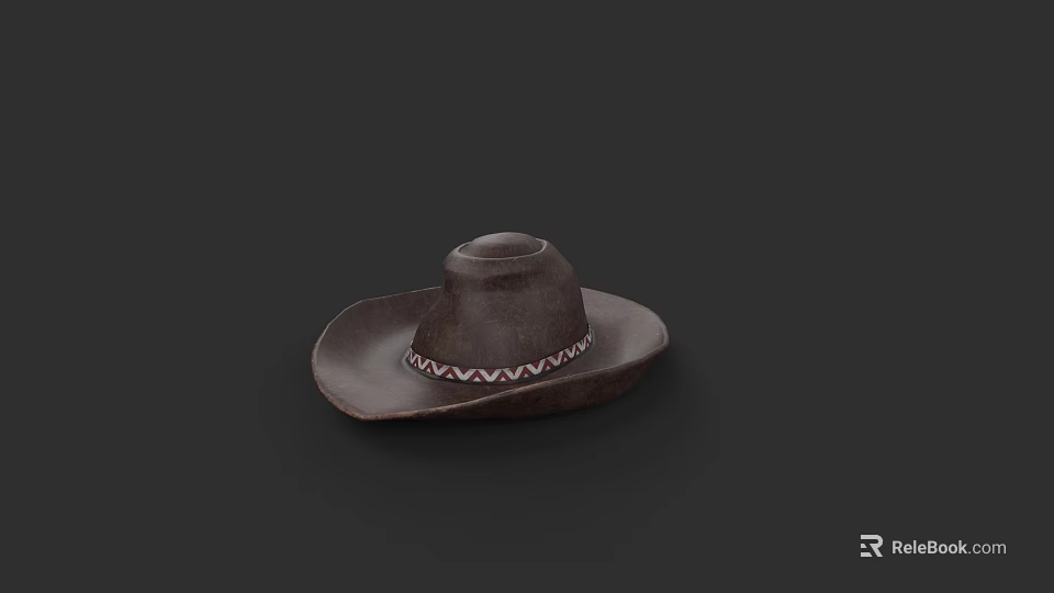 Brown Wide Brim Hat With White Zigzag Trim On Black Background 3d model