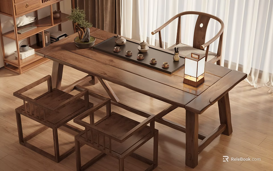 Wooden Chinese Style Tea Table and Chairs with Tea Set Lantern and Potted Plant 3d model 
