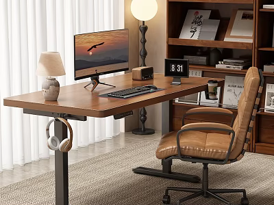 Wooden Desk With Computer Monitor Table Lamp Clock Coffee Cup Near Brown Leather Chair 3d model