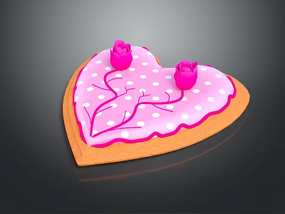 Heart Shaped Dessert with Pink Frosting and White Polka Dots Topped with Pink Rose Decorations 3d model