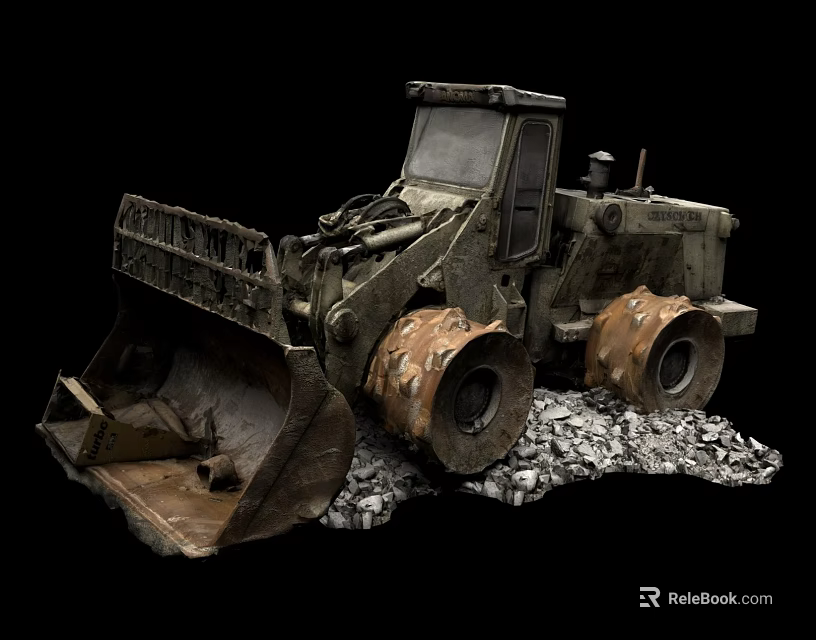 Worn Heavy Duty Construction Loader With Front Bucket Muddy Tires And Gravel 3d model 