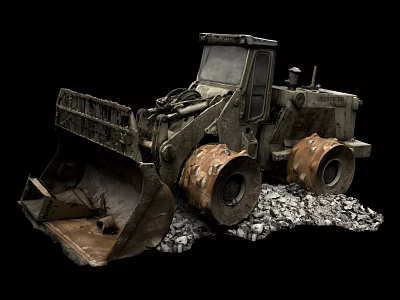 Worn Heavy Duty Construction Loader With Front Bucket Muddy Tires And Gravel 3d model