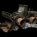 Worn Heavy Duty Construction Loader With Front Bucket Muddy Tires And Gravel