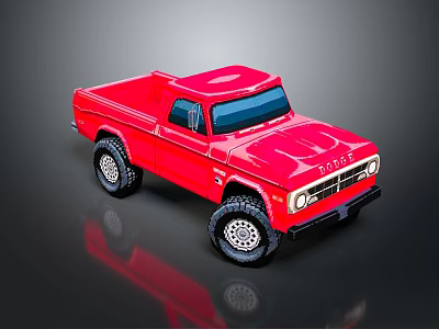 Red Vintage Pickup Truck With Single Cab Shiny Body And Large Tires 3d model