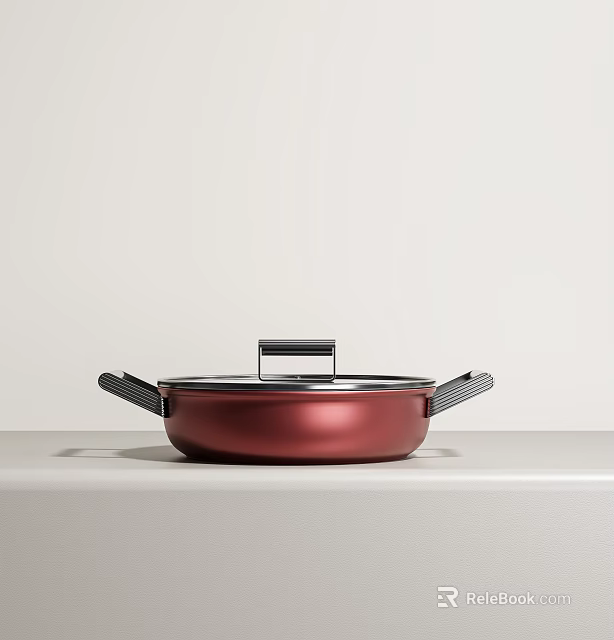 Red Cookware With Lid And Two Handles 3d model 