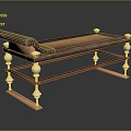 Vintage Wooden Daybed With Leather Backrest And Brass Decorative Legs