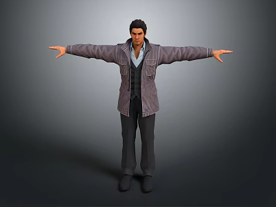 Man Standing with Outstretched Arms Wearing Gray Coat Black Vest Blue Shirt in Gray Background 3d model