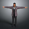 Man Standing with Outstretched Arms Wearing Gray Coat Black Vest Blue Shirt in Gray Background