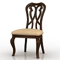 Classic Dark Wooden Dining Chair With Carved Backrest And Light Fabric Seat Cushion