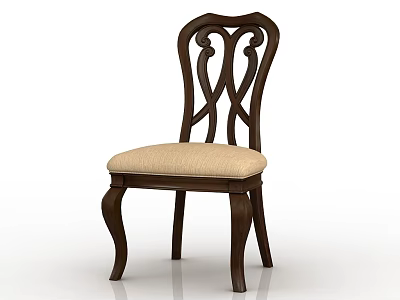 Classic Dark Wooden Dining Chair With Carved Backrest And Light Fabric Seat Cushion 3d model