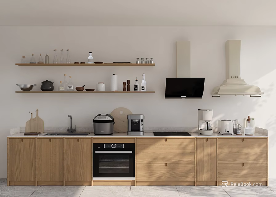 Modern Kitchen With Wooden Cabinets Countertop Open Shelves And Appliances 3d model 