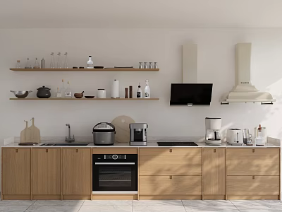Modern Kitchen With Wooden Cabinets Countertop Open Shelves And Appliances 3d model
